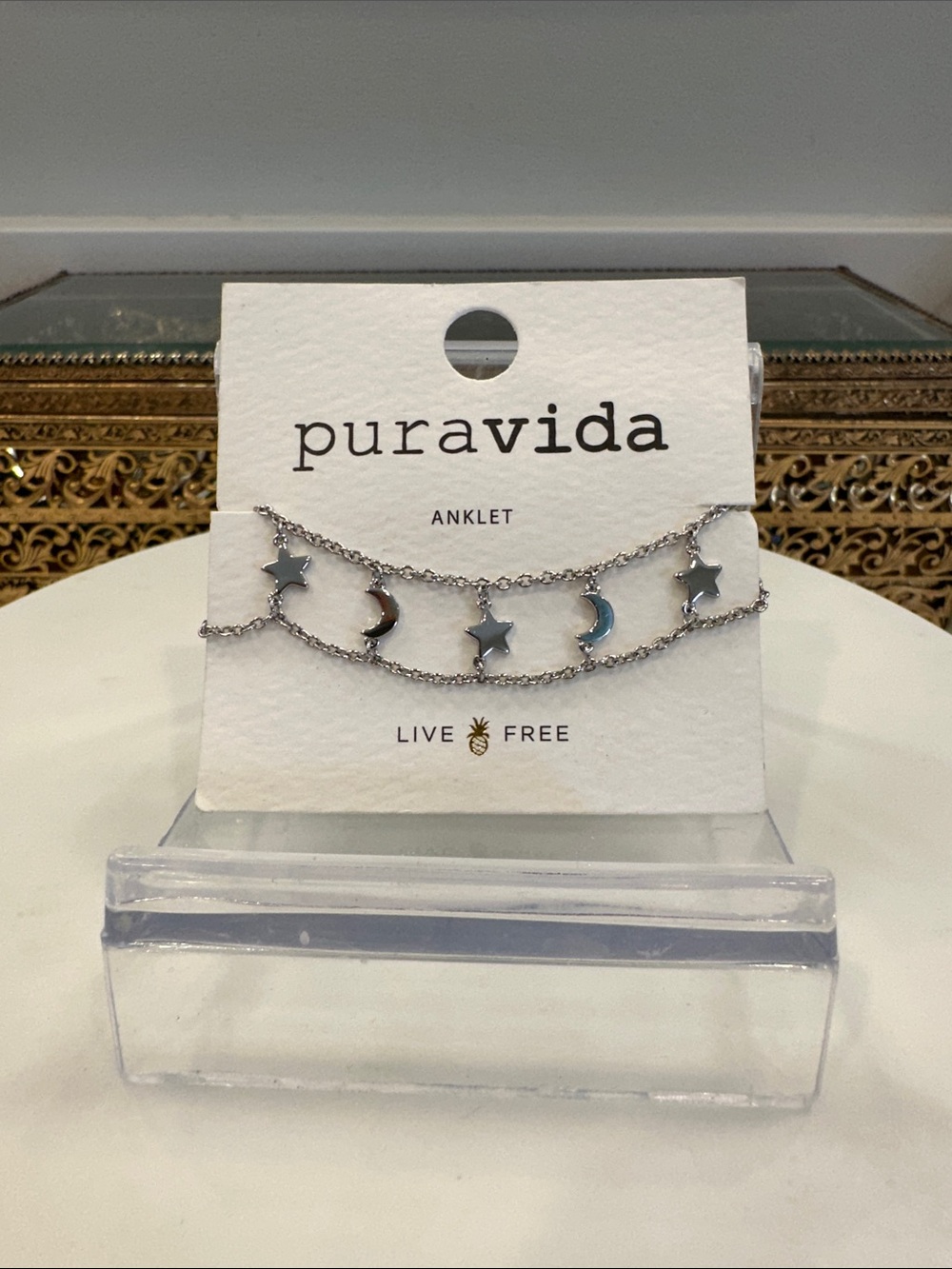 NWT Pura Vida Cosmos Live Free Stars & Moon Charms Silver-Tone Dbl-Chain Anklet